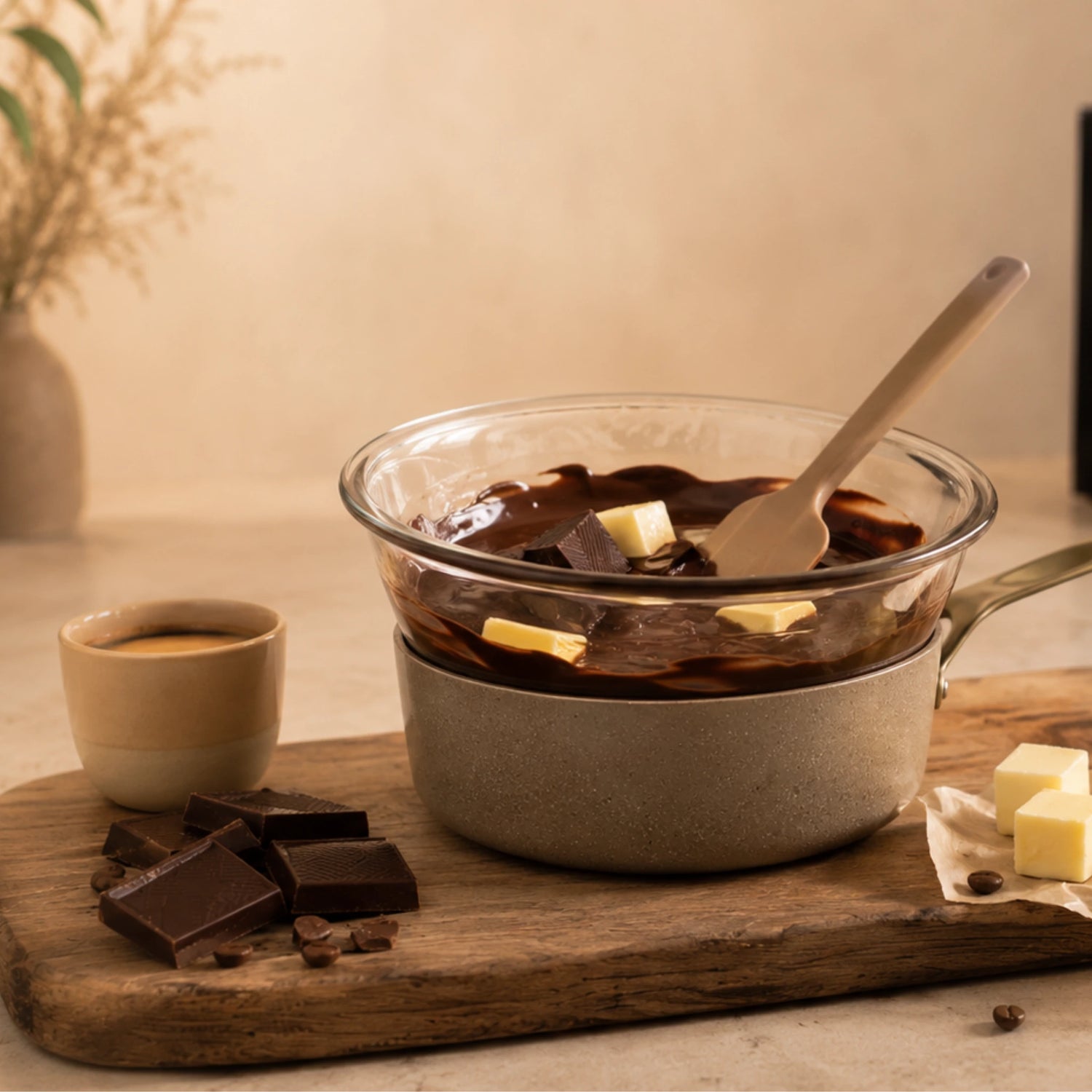 Pure chocolade wordt au bain-marie gesmolten met boter en gemalen koffiebonen.