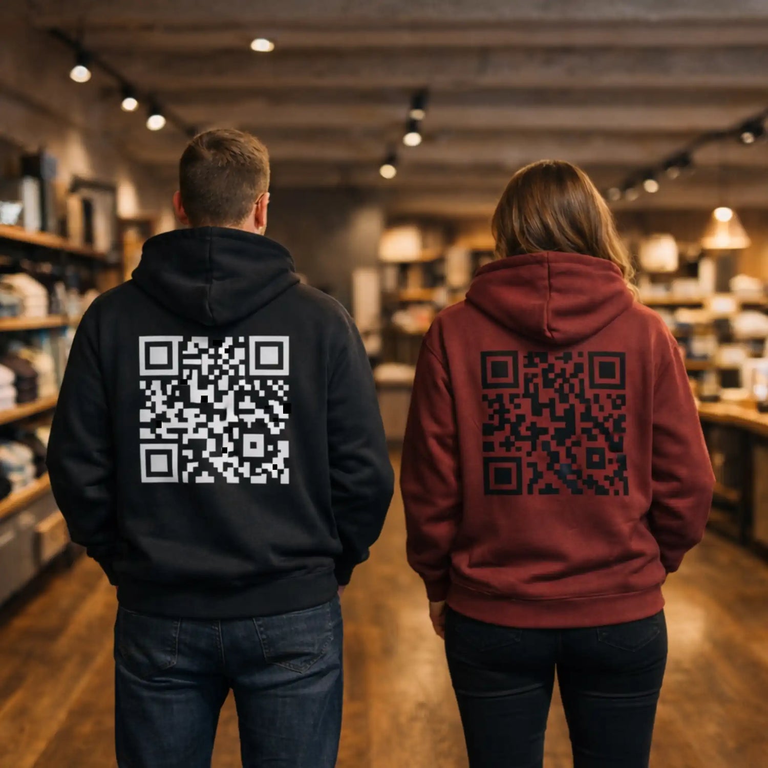Een man en vrouw dragen hoodies waarop QR codes bedrukt zijn voor promotie van merk op evenementen en beurzen