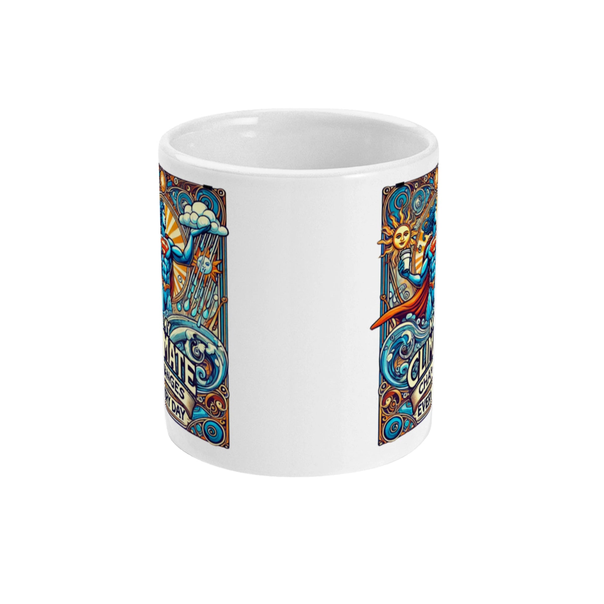 retro superheld art nouveau klimaatverandering keramiek mok cadeau my climate changes every day van de Barista Shop 2