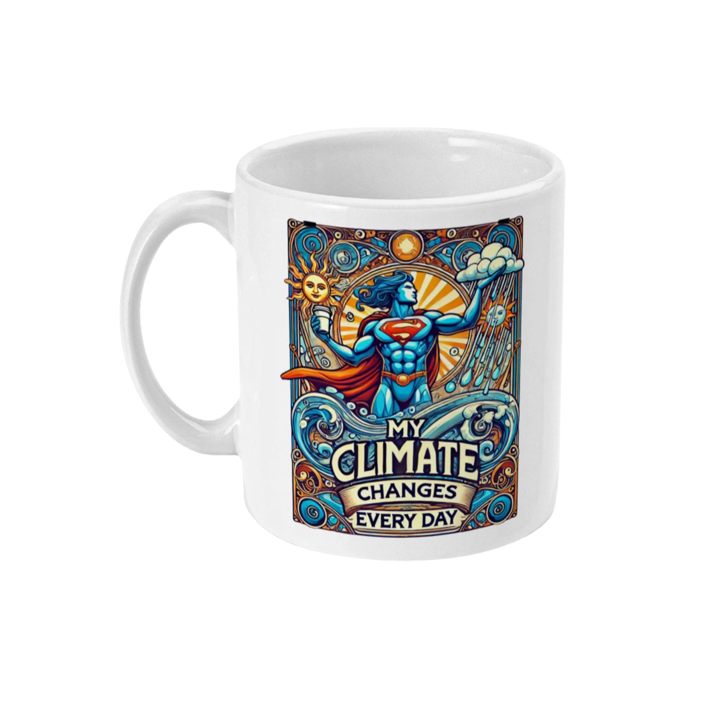 retro superheld art nouveau klimaatverandering keramiek mok cadeau my climate changes every day van de Barista Shop 3