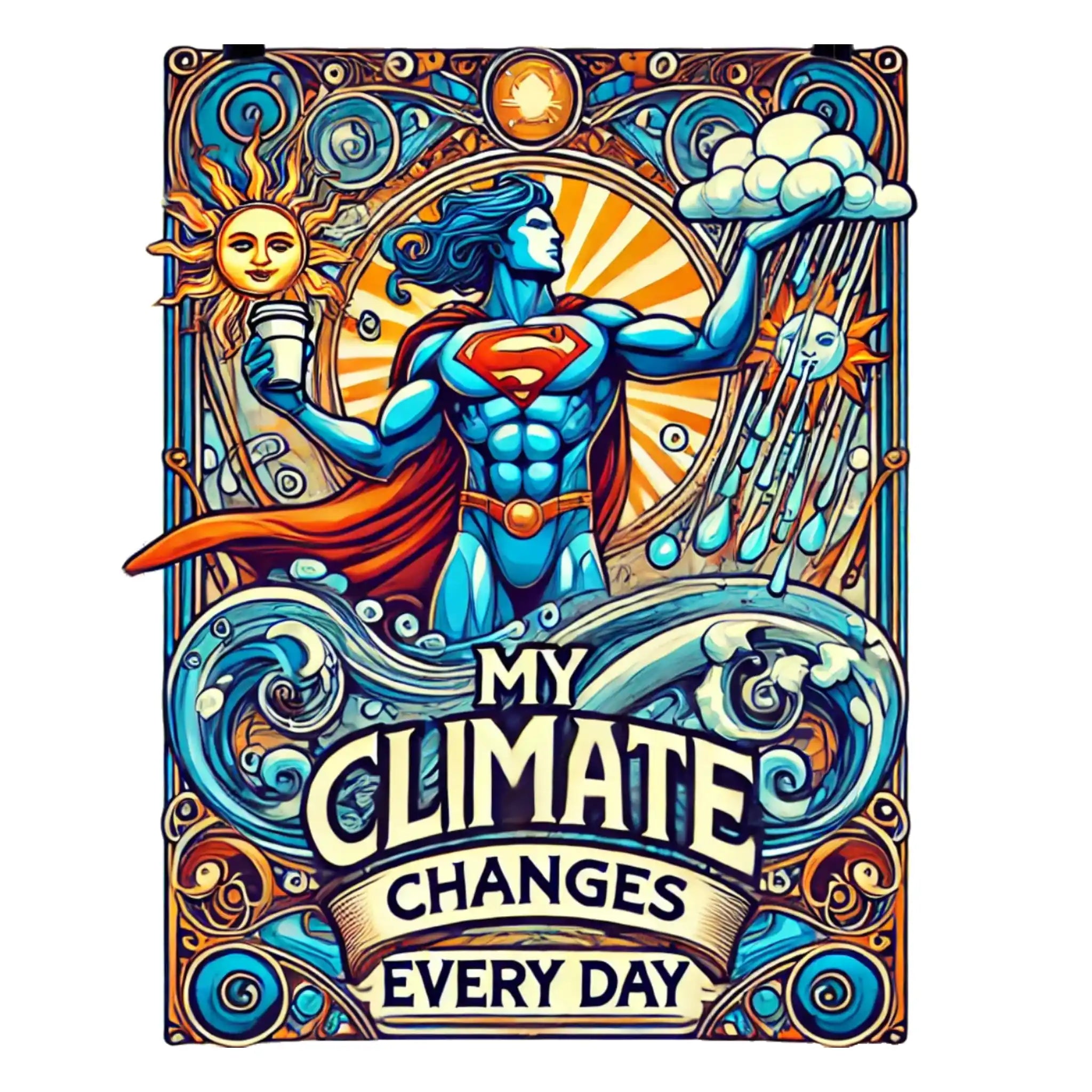 retro superheld art nouveau klimaatverandering keramiek mok cadeau my climate changes every day van de Barista Shop 4