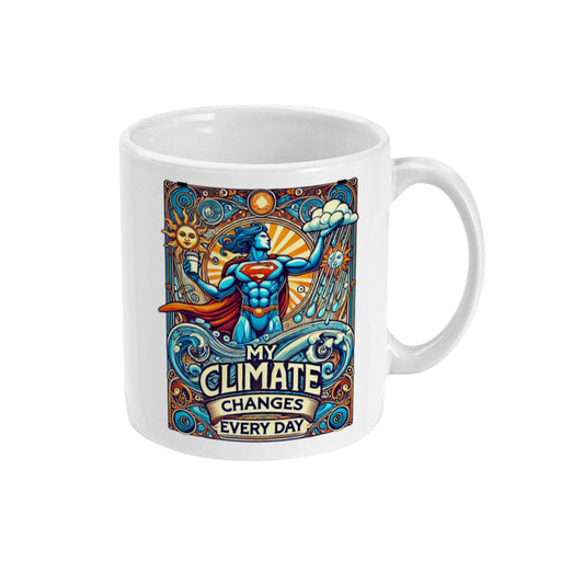 retro superheld art nouveau klimaatverandering keramiek mok cadeau my climate changes every day van de Barista Shop