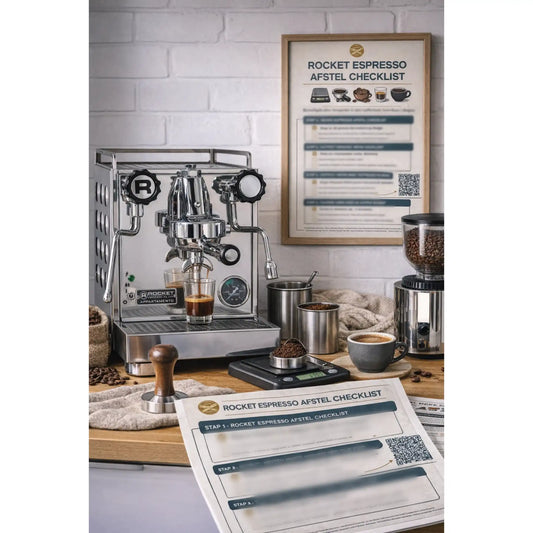 Rocket Appartamento espressomachine op houten keukenblad met ingelijste espresso afstel checklist aan de muur en uitgeprinte checklist naast koffiemolen en vers gezette espresso.