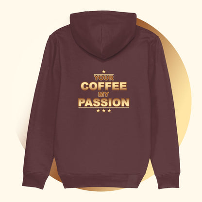 Rode Koffie Hoodie Met Mooie Koffie Slogan Your Coffee My Passion. Achteraanzicht.