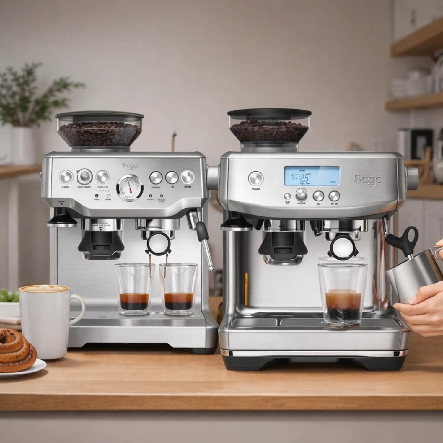 Praktijkvergelijking van Sage Barista Express en Sage Barista Pro tijdens espresso zetten en melk opschuimen, met zicht op verschillen in gebruiksgemak.