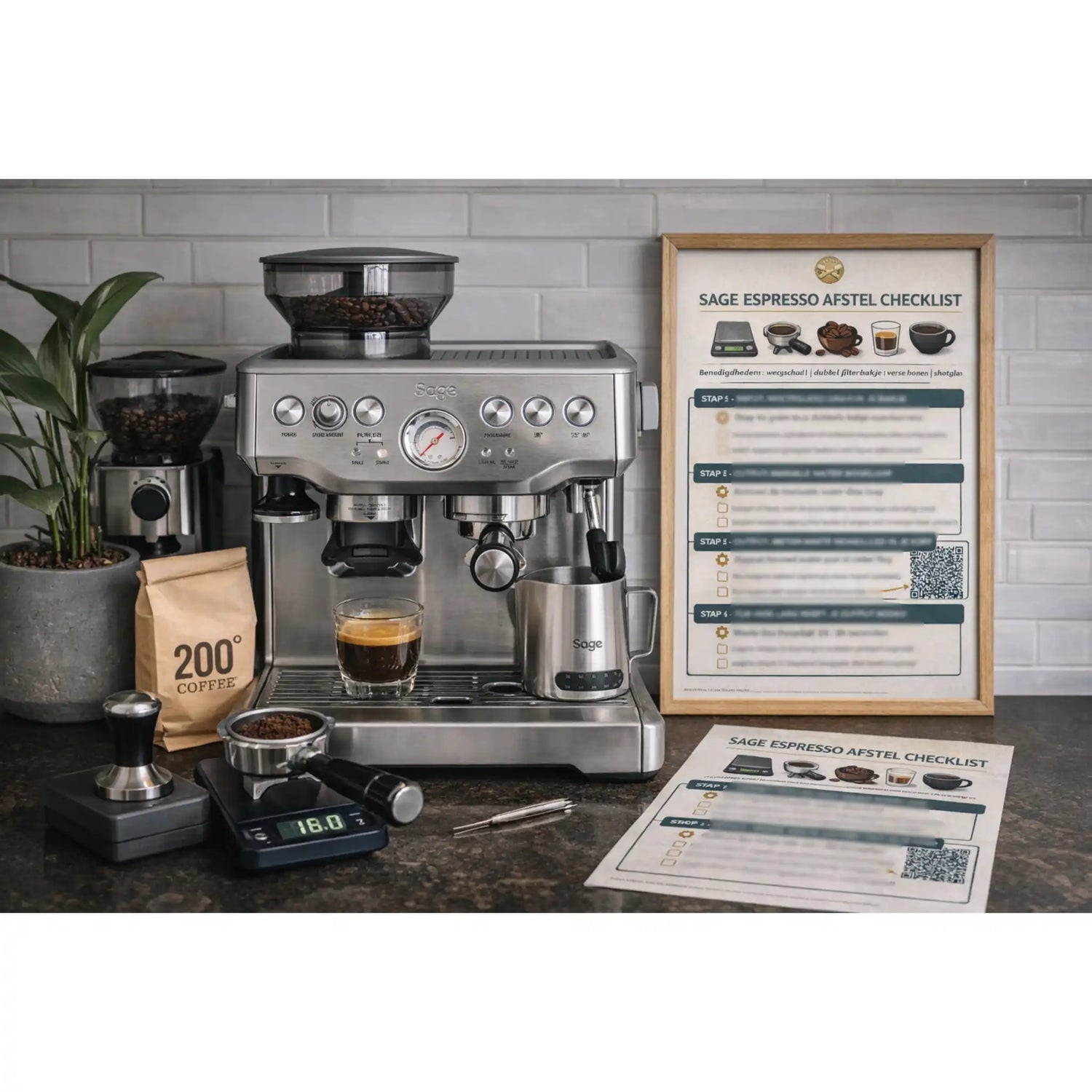 Sage Barista Express espressomachine op keukenblad met ingelijste espresso afstel checklist aan de muur en uitgeprinte checklist naast weegschaal, tamper en vers gezette espresso.