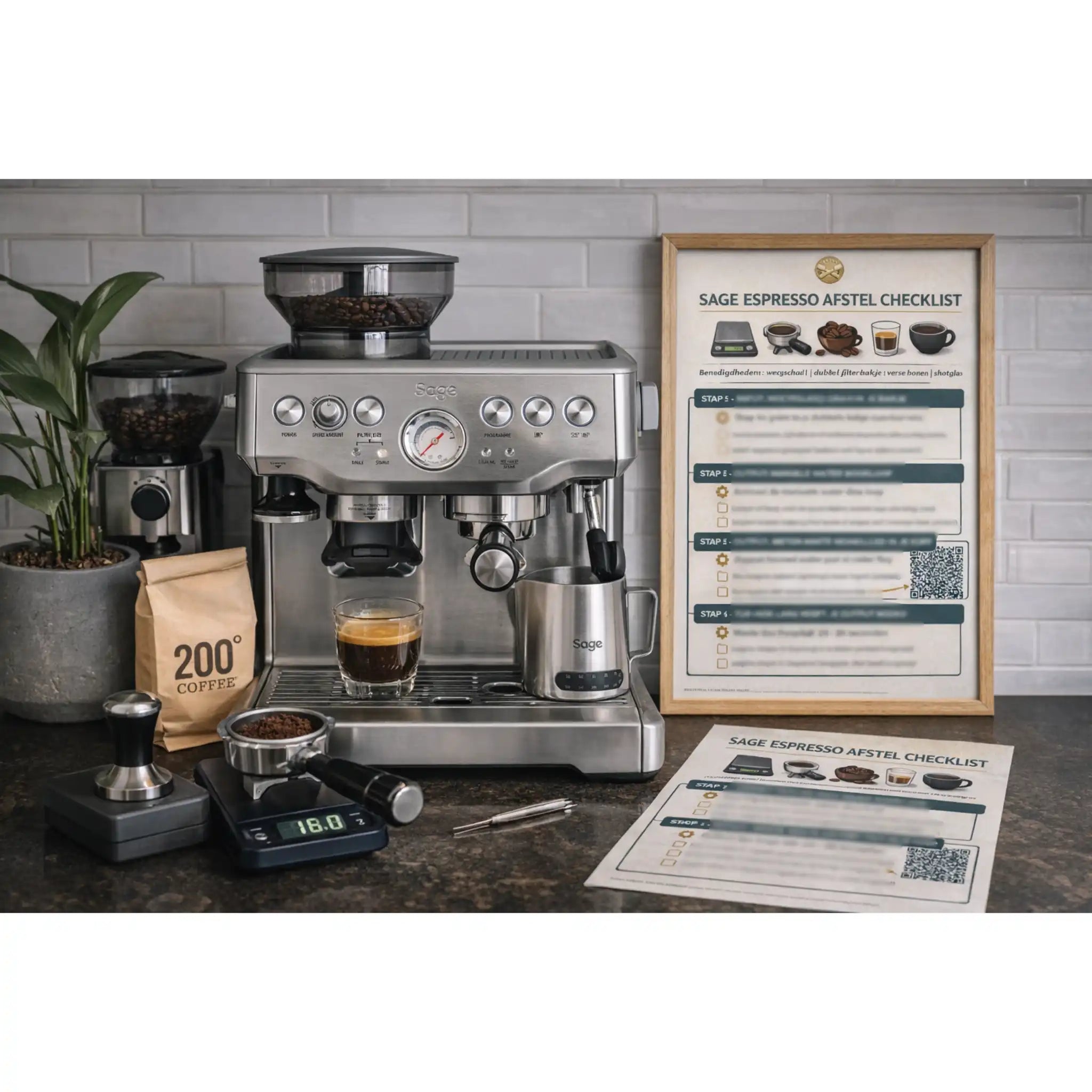 Sage Barista Express espressomachine op keukenblad met ingelijste espresso afstel checklist aan de muur en uitgeprinte checklist naast weegschaal, tamper en vers gezette espresso.