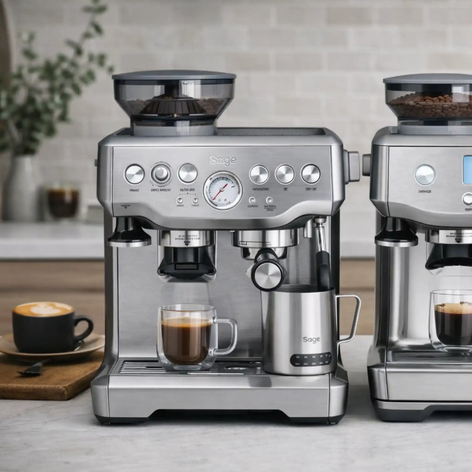 Sage Barista Express espressomachine met analoge knoppen en drukmeter, geschikt voor thuisbarista’s die handmatig espresso willen leren zetten.
