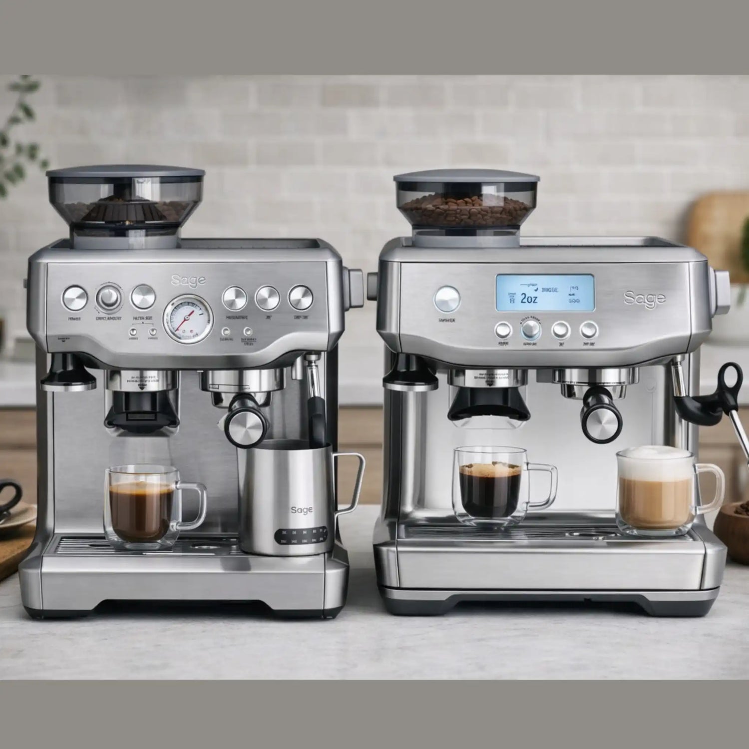 Sage Barista Express en Sage Barista Pro naast elkaar op een keukenblad, met espresso en cappuccino, ter vergelijking van bediening, display en workflow voor thuisbarista’s.