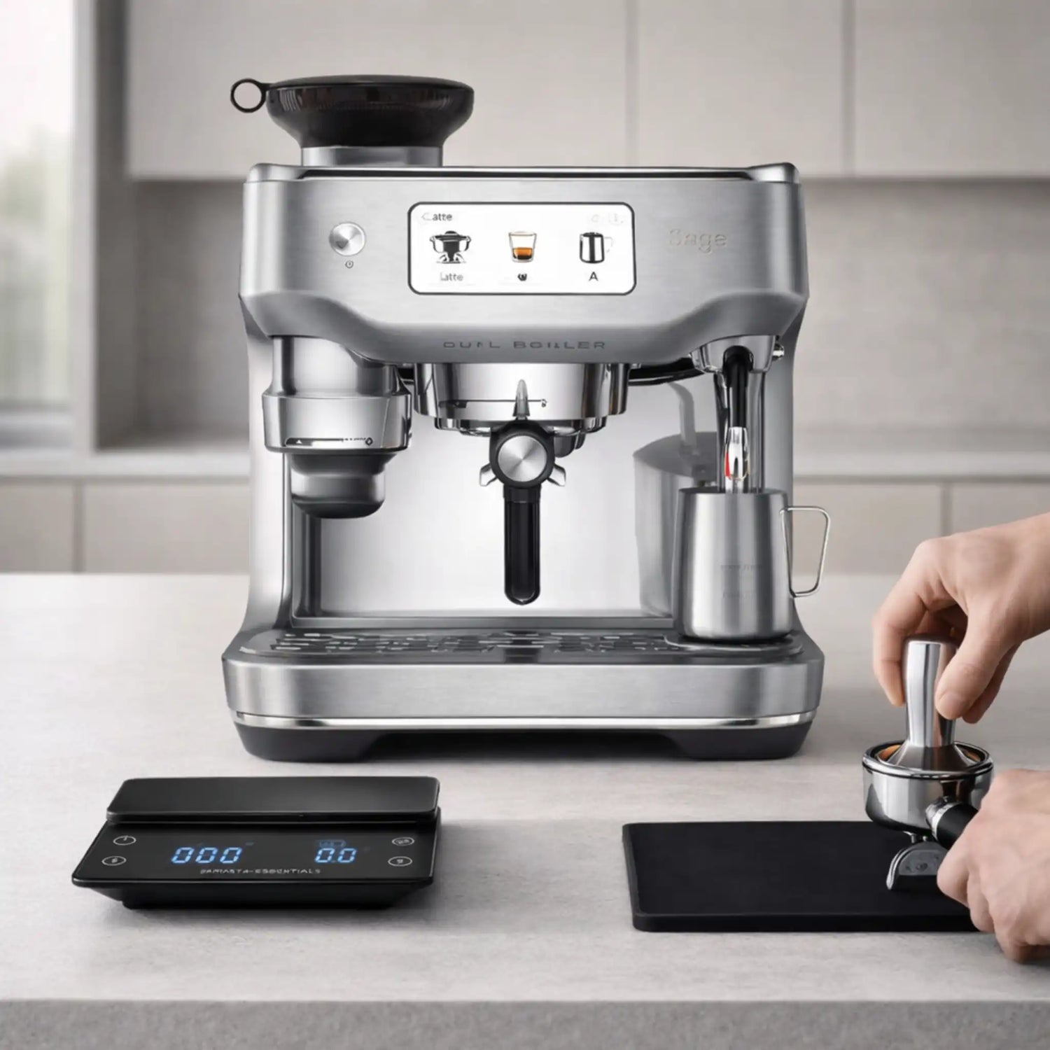 Koffie wordt gelijkmatig getampt tijdens een Sage Dual Boiler privé barista workshop aan huis, met aandacht voor techniek en espresso consistentie.