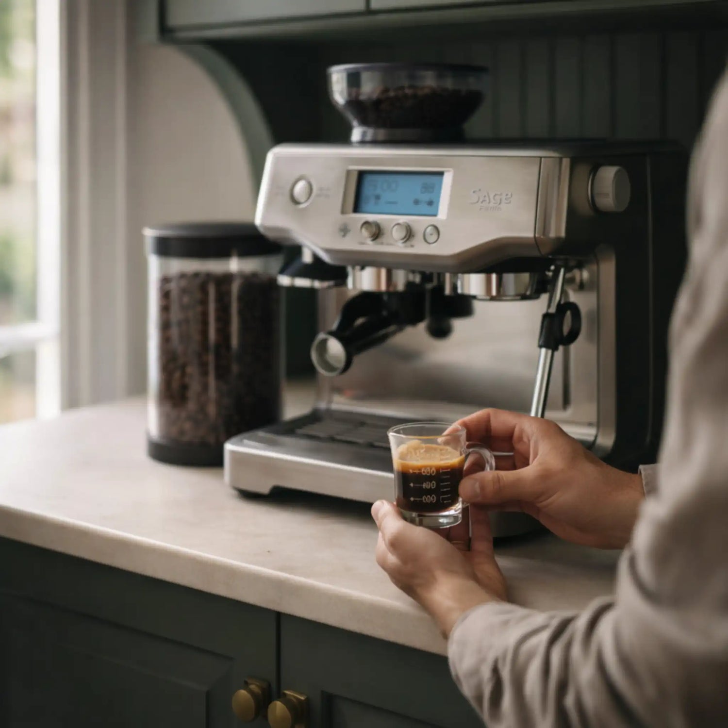 Espresso wordt beoordeeld in een shotglas tijdens een Sage barista training aan huis, waarbij extractie en smaak centraal staan in persoonlijke begeleiding.