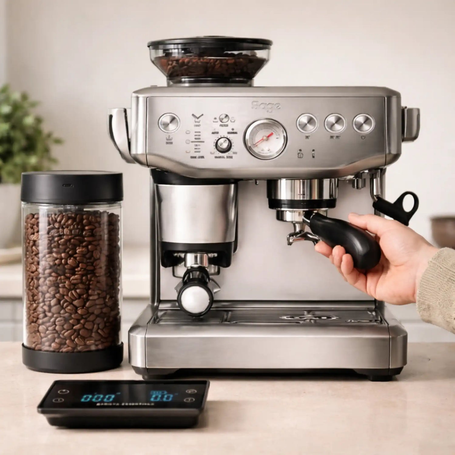 Sage espressomachine met weegschaal en verse koffiebonen tijdens een privé barista workshop, gericht op techniek, instelling en thuisgebruik.
