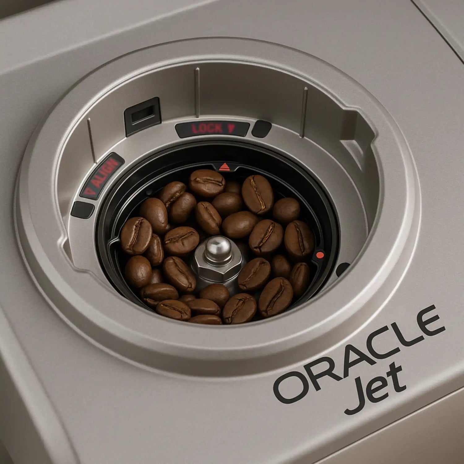 Close-up van het maalsysteem van de Sage Oracle Jet espressomachine met verse koffiebonen in de molen, gebruikt ter illustratie van de stap-voor-stap handleiding voor het instellen van de juiste maalstand.
