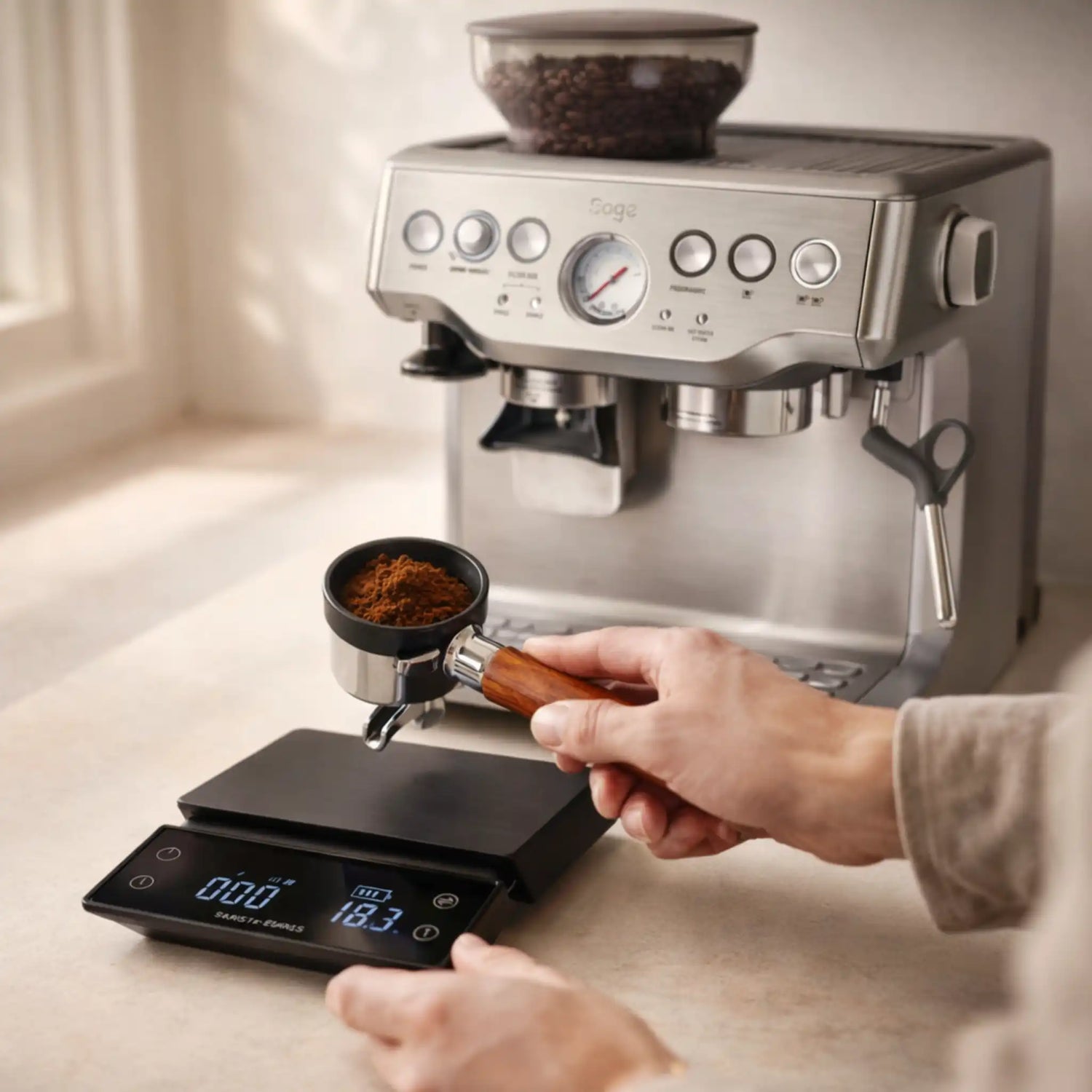 Portafilter wordt nauwkeurig gewogen tijdens een Sage privé barista workshop aan huis, met focus op juiste dosering en consistente espresso extractie.