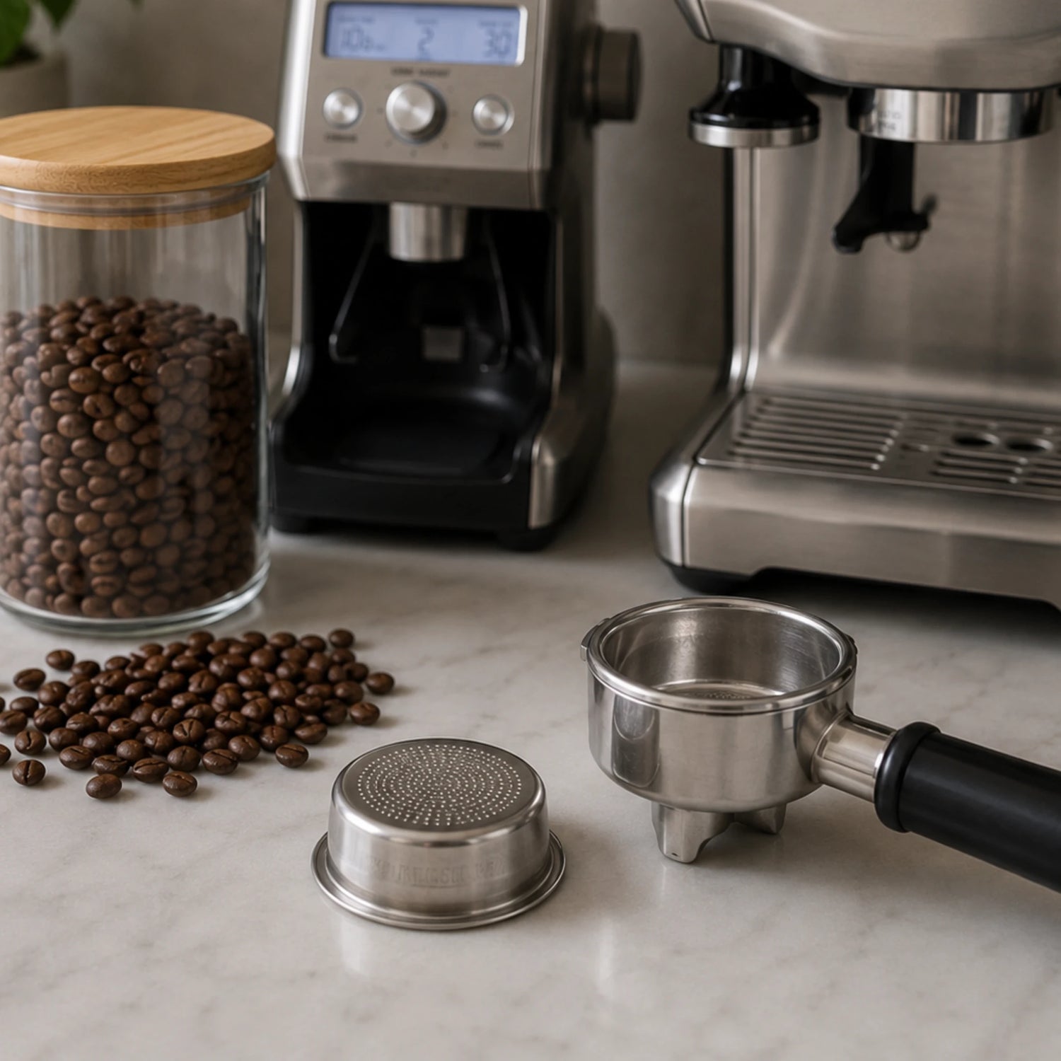 Verse koffiebonen naast een koffiemolen en een los Single Wall-filterbakje voor een Sage-espressomachine