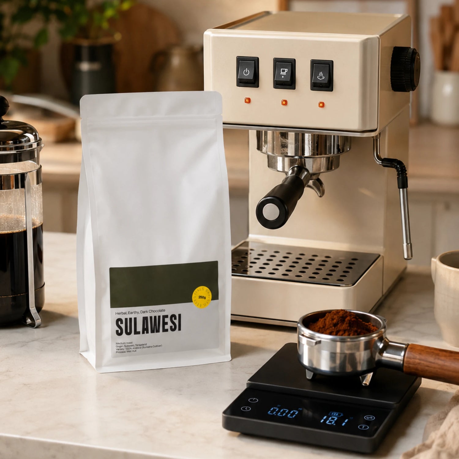 Sulawesi Toraja koffiebonen naast een espressomachine en filterzetmethode voor thuisbarista’s die single origin koffie willen zetten.