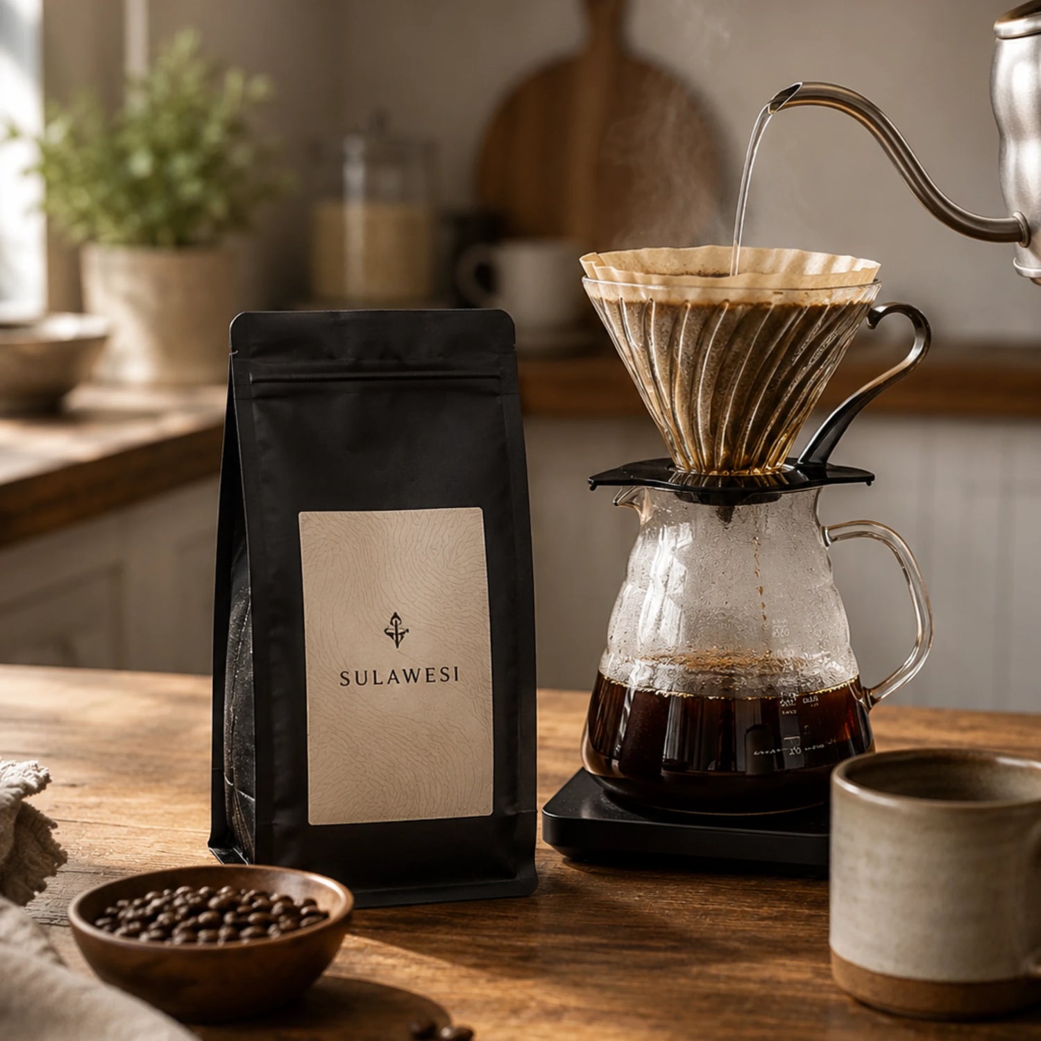 Zak Sulawesi Toraja koffiebonen naast een V60 pour-over met glazen server, koffiebonen en mok op een warm thuisbarista aanrecht.