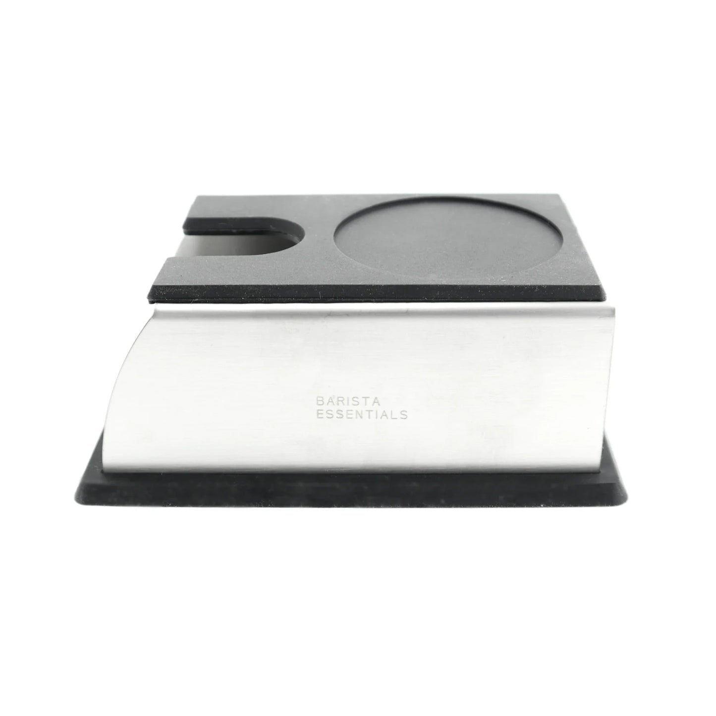 Zilveren RVS tamper station voor thuisbarista’s, frontaanzicht met uitsparingen voor tamper en portafilter