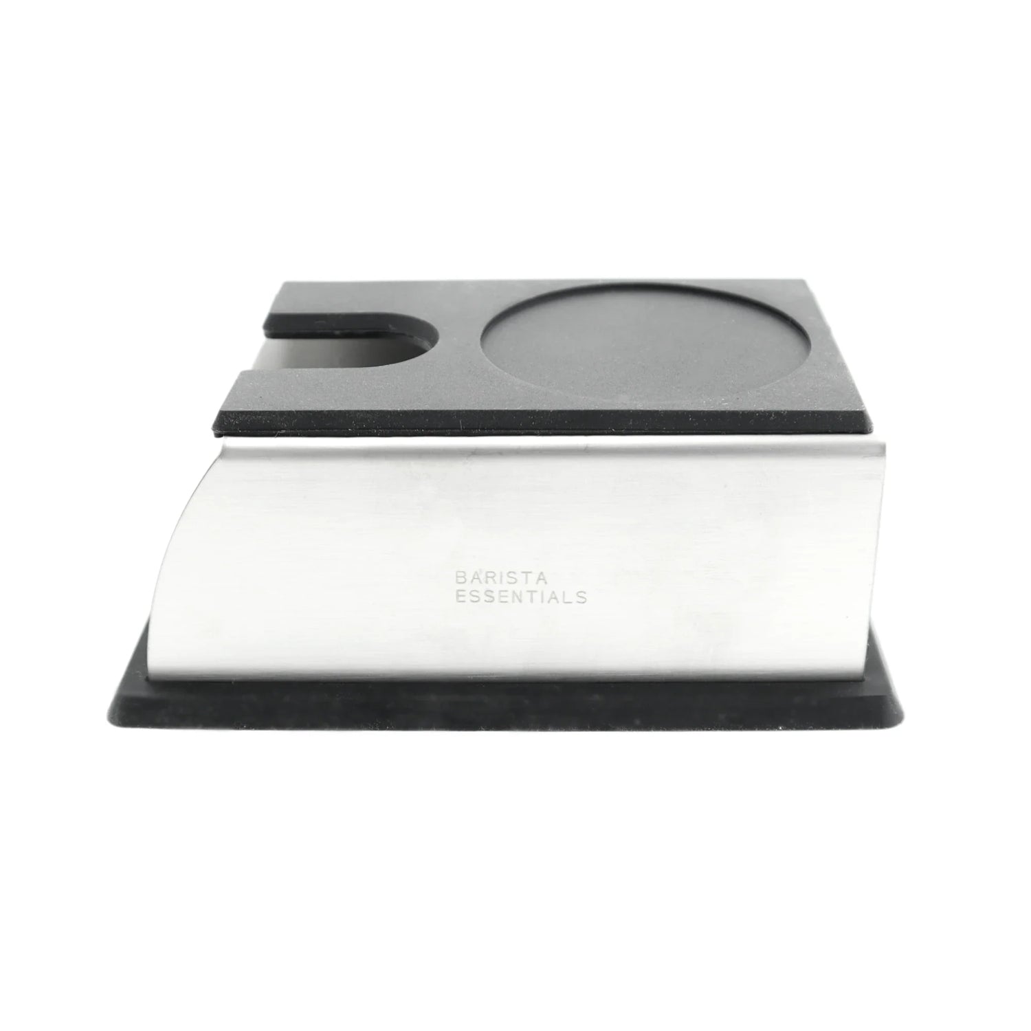Zilveren RVS tamper station voor thuisbarista’s, frontaanzicht met uitsparingen voor tamper en portafilter