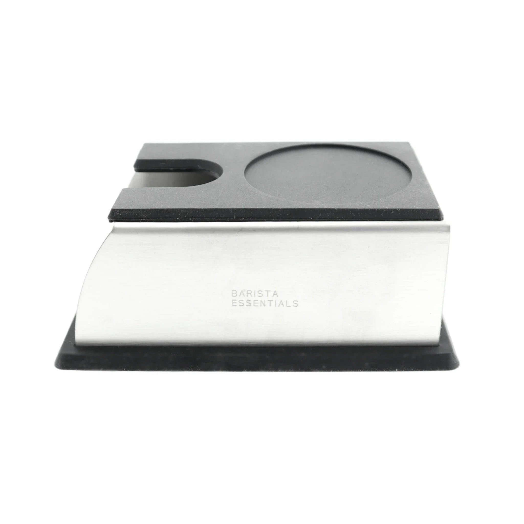 Zilveren RVS tamper station voor thuisbarista’s, frontaanzicht met uitsparingen voor tamper en portafilter