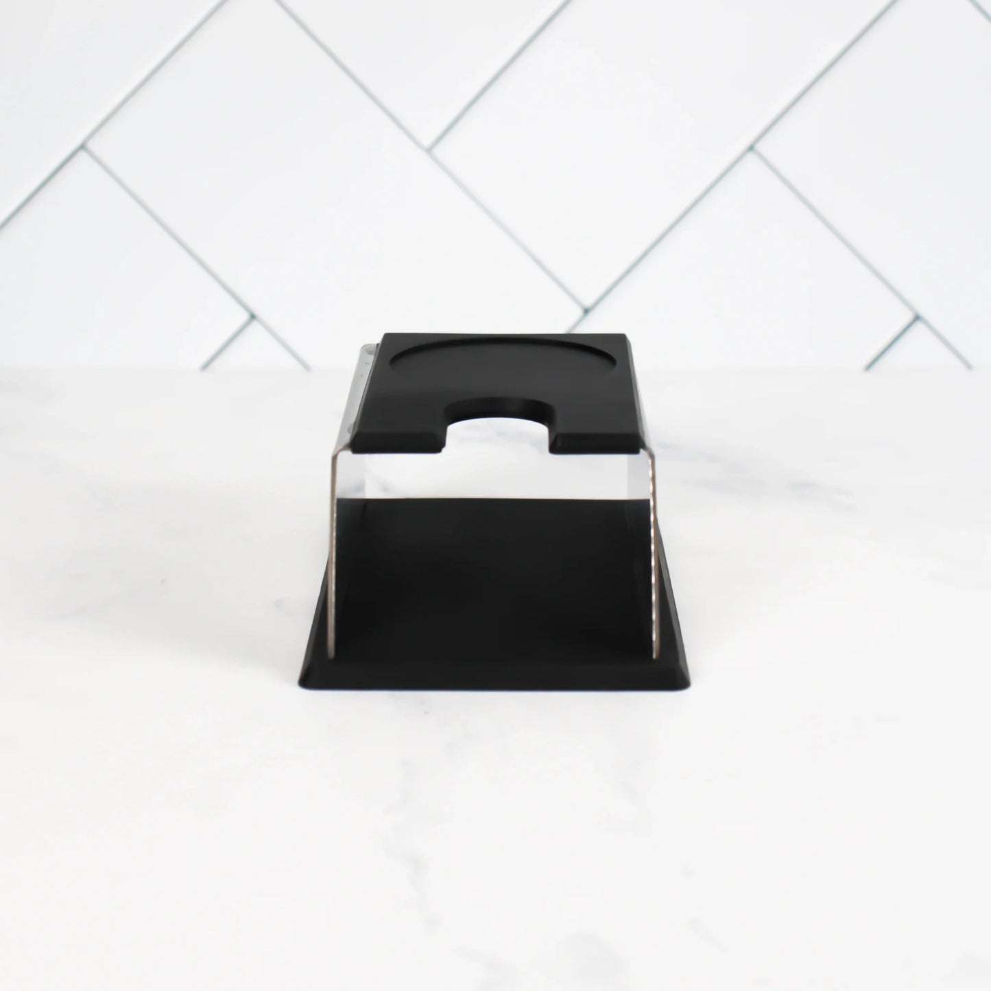 Compact tamperstation in RVS met rubberen toplaag, geschikt voor Sage, ECM en Quickmill espressomachines