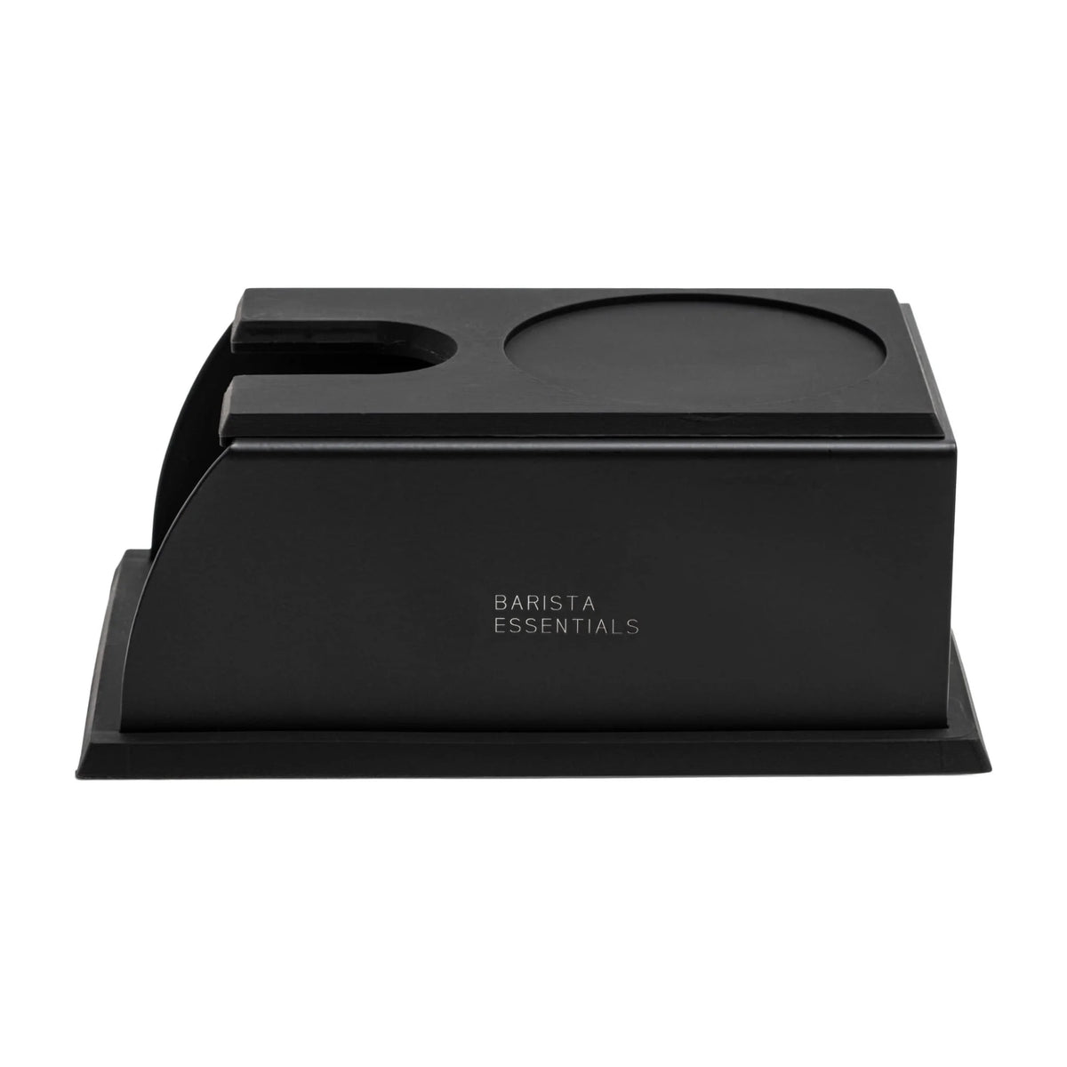 Zwart Barista Essentials tamping station met uitsparing en ronde tamperplek op lichte achtergrond