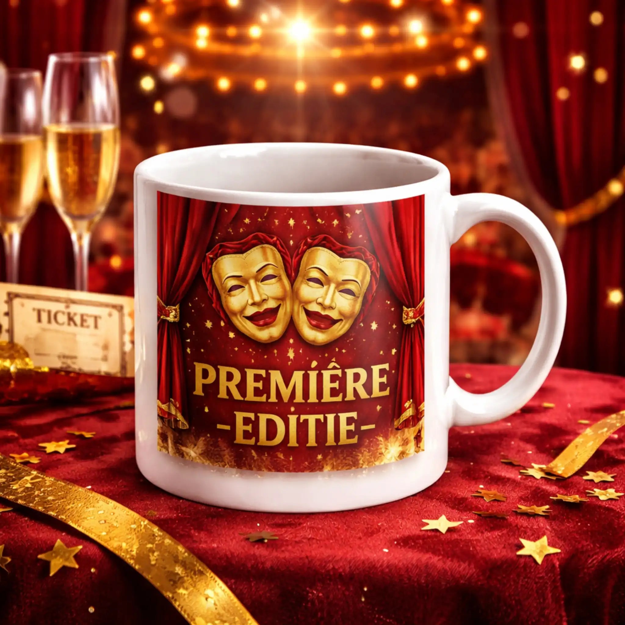 Theater merchandise mok als première-editie, gepersonaliseerd voor voorstellingen, culturele events en exclusieve campagnes.