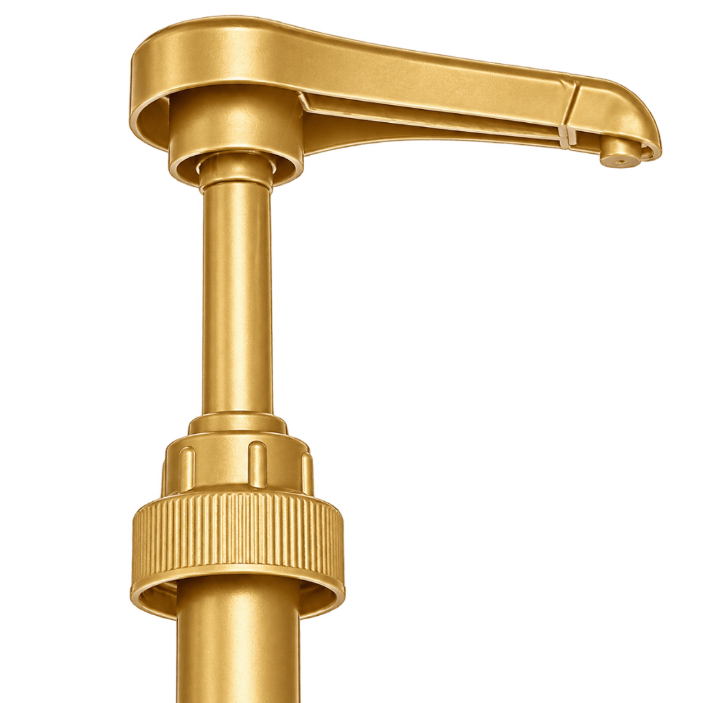 Close up van Torani siroop pomp met gouden coating voor 750ml fles