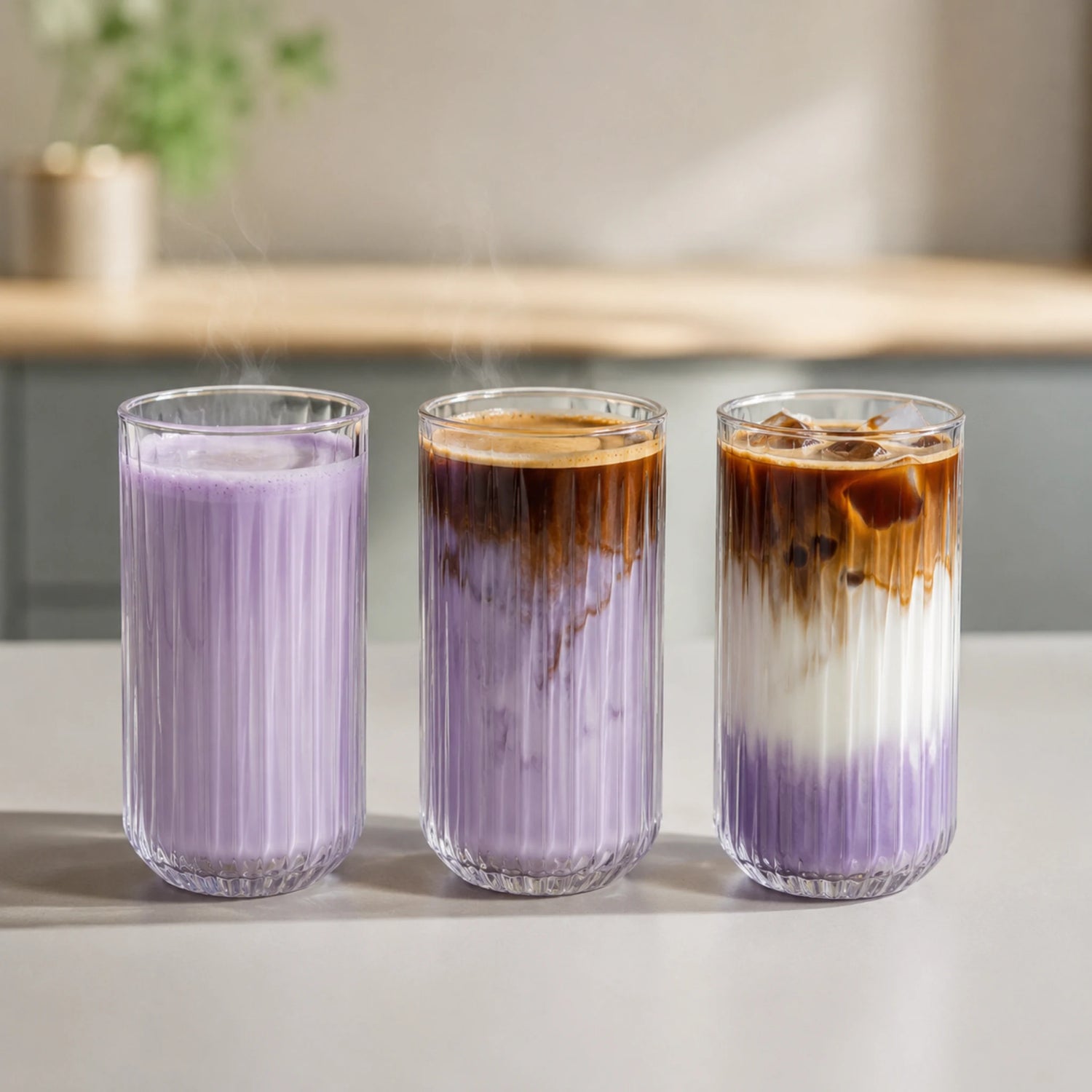 Drie geribbelde glazen naast elkaar met een warme Ube Latte, warme Dirty Ube Latte en gelaagde Iced Dirty Ube Latte.