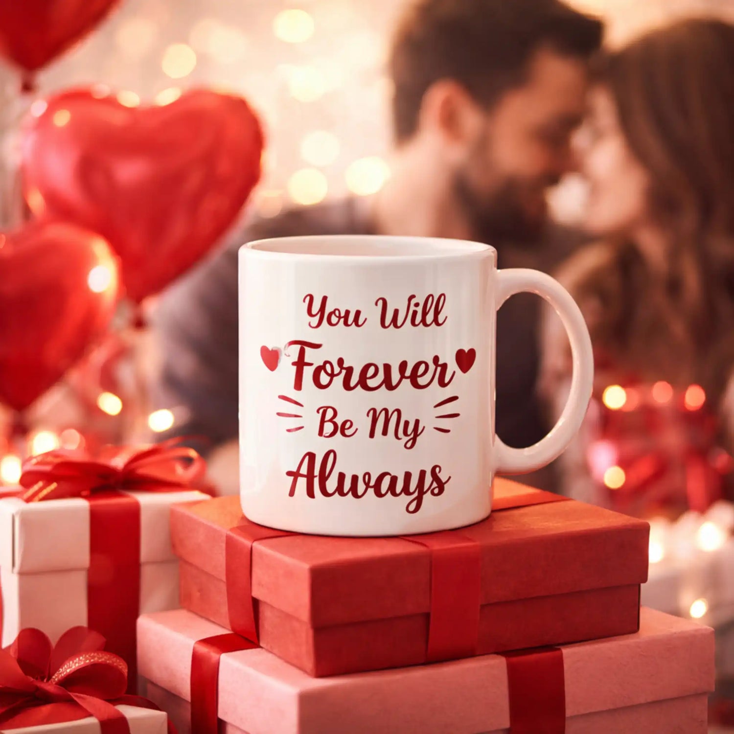 Valentijnsmok met liefdesquote gepresenteerd als cadeau, romantische sfeer met hartjes en cadeaus