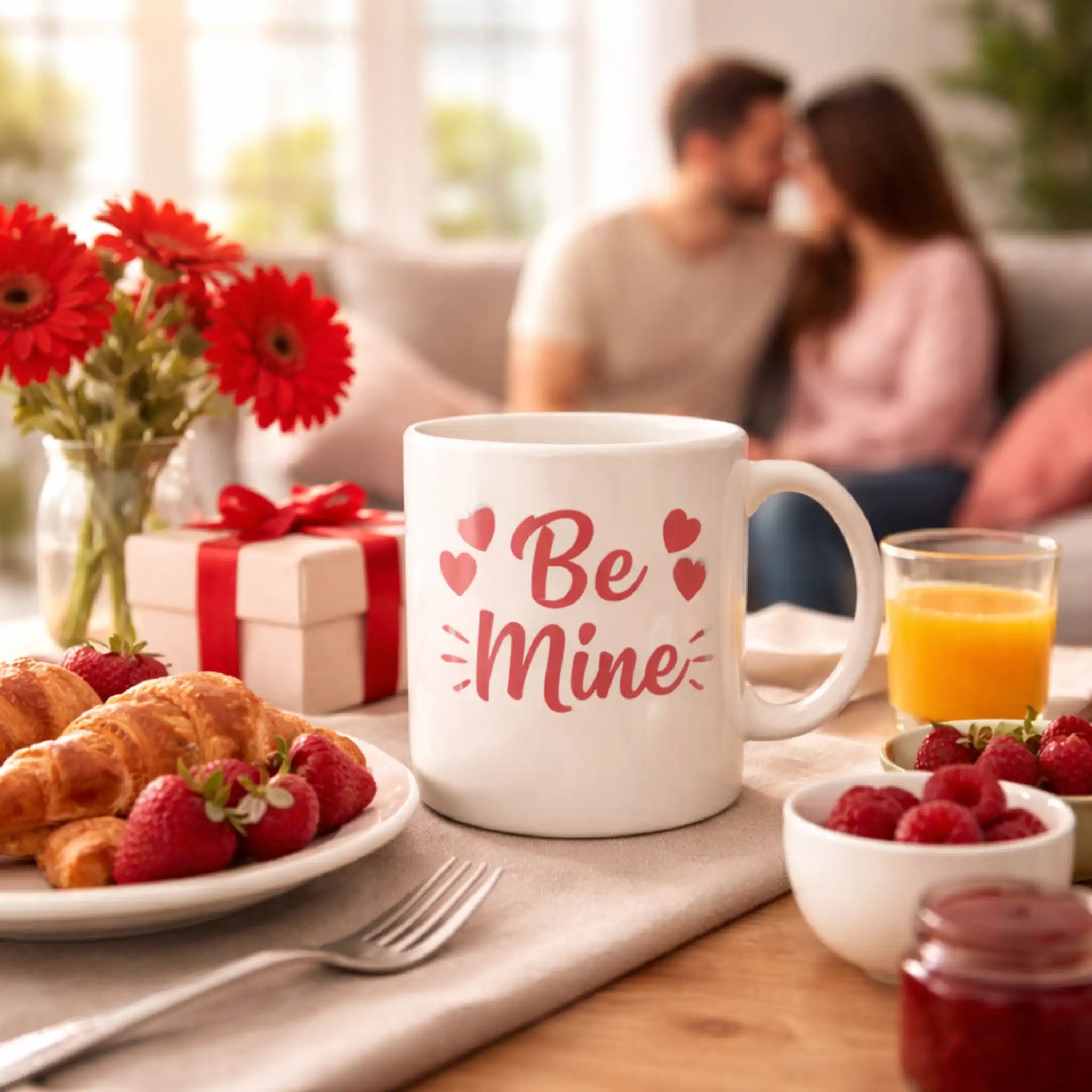 Valentijnsmok tijdens romantisch ontbijt in moderne woonkamer, koffie drinken samen op Valentijnsdag