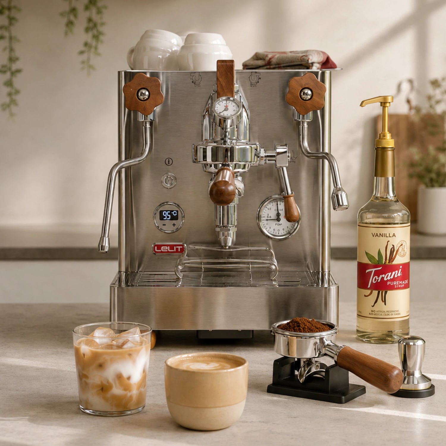 Thuisbarista maakt vanille koffie met Torani vanille koffiesiroop, espresso, melk, ijsblokjes en cappuccinokopje op het aanrecht.