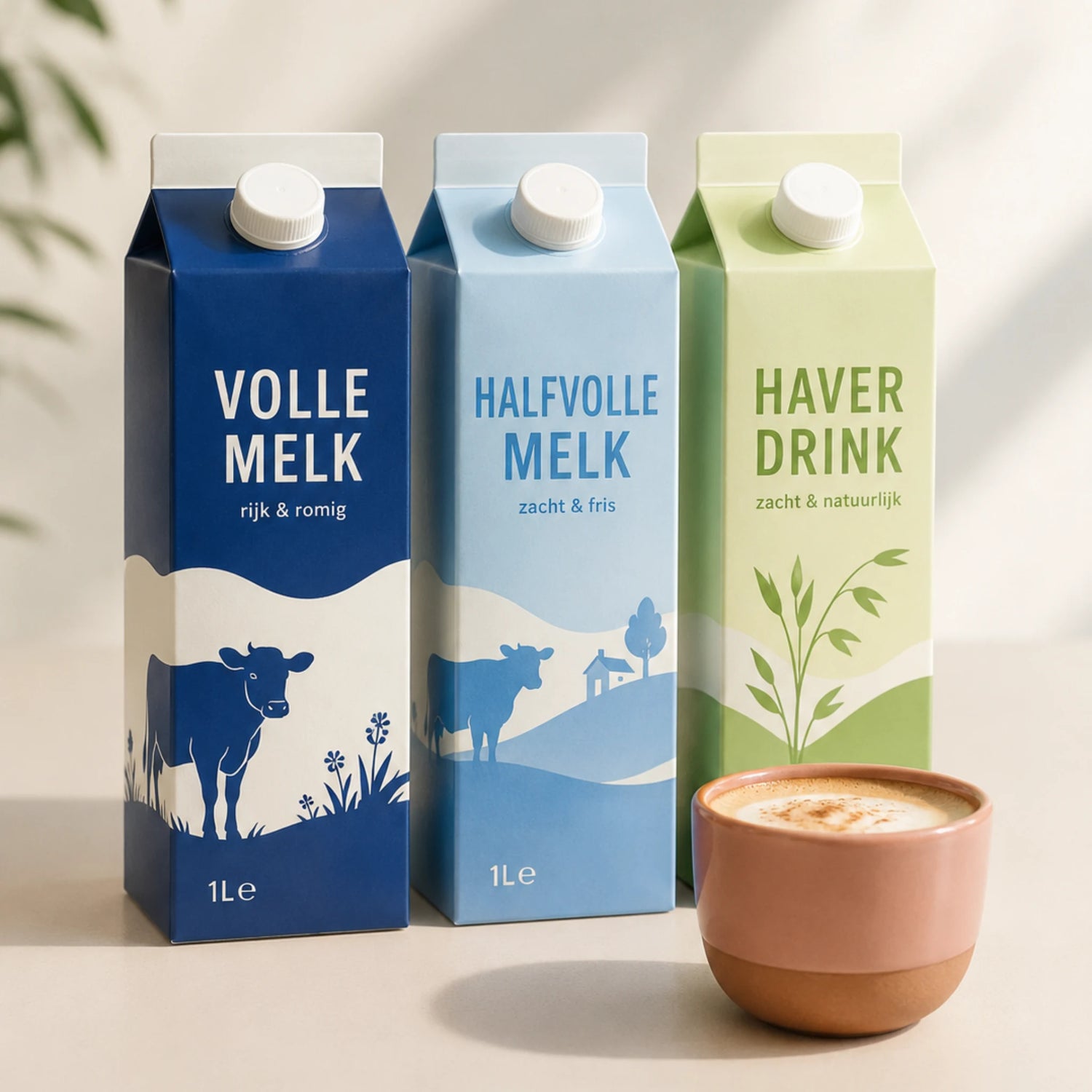 Pakken volle melk halfvolle melk en barista havermelk naast een cappuccino voor thuisbarista vergelijking