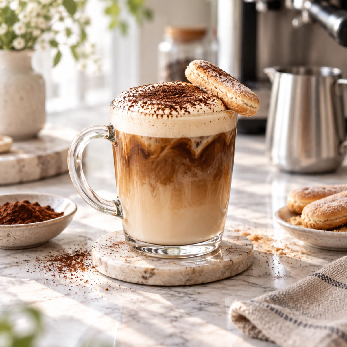 Warme Tiramisu Latte met espresso, vanille, melk en cacao