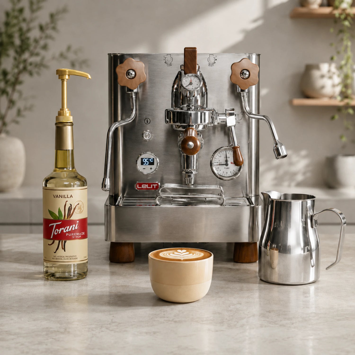 Warme vanille cappuccino met espresso, melkschuim en Torani vanille koffiesiroop.