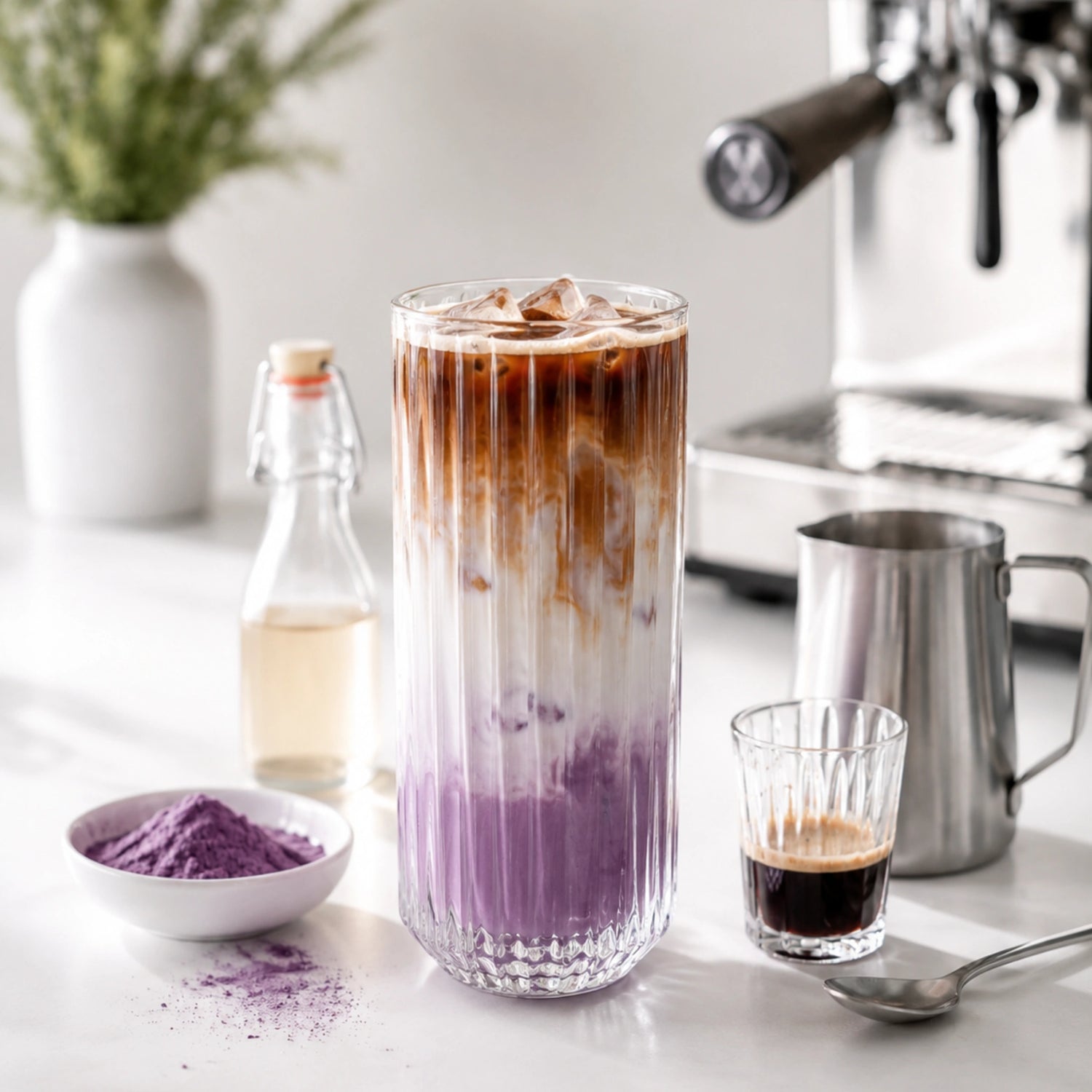 Transparant glas met gelaagde Iced Dirty Ube Latte, verse espresso en herkenbare halfautomatische espressomachine op de achtergrond.