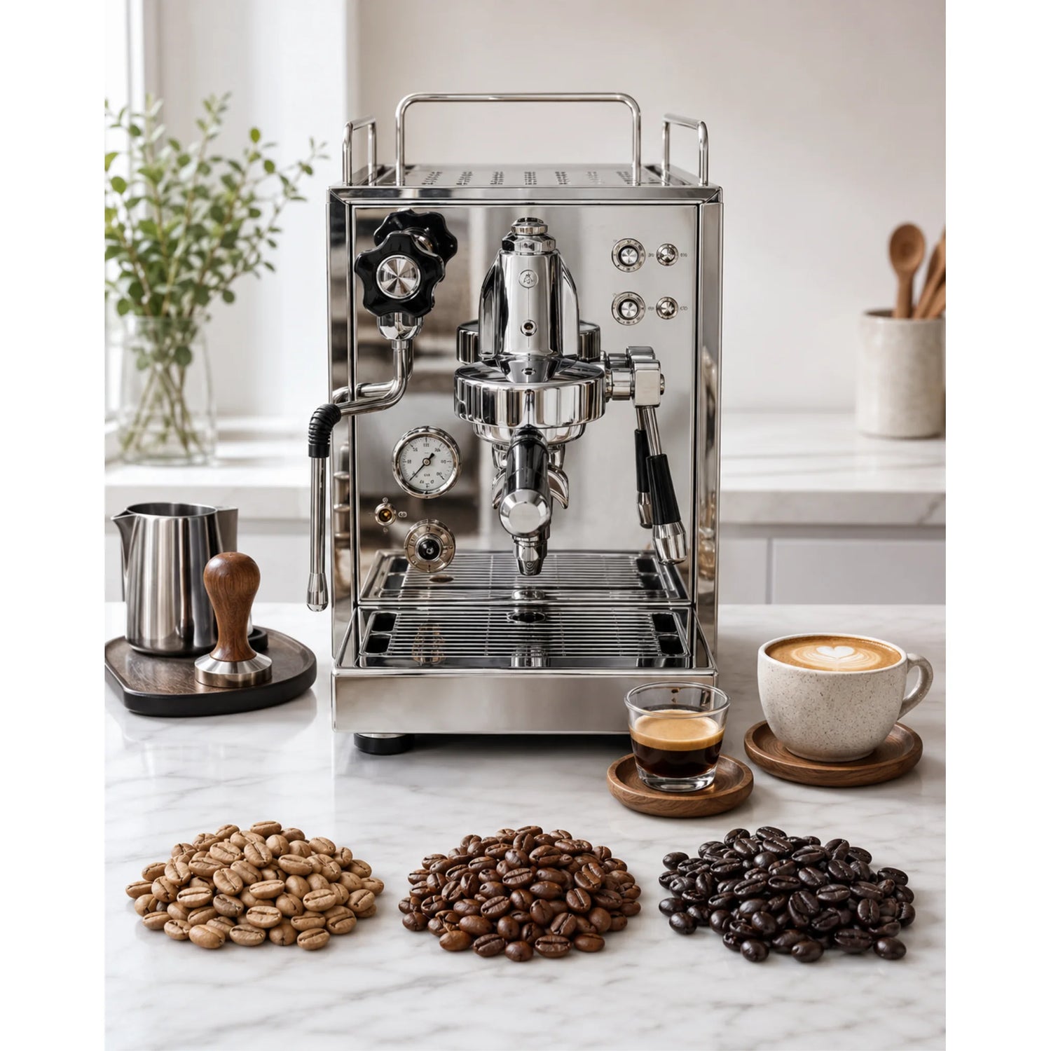 Light, medium en dark roast koffiebonen naast een halfautomatische espressomachine, espresso en cappuccino