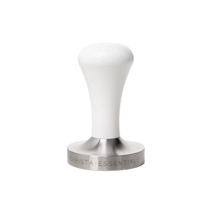 Witte espresso tamper 58mm met RVS basis als lichte variant voor een cleane thuisbarista setup