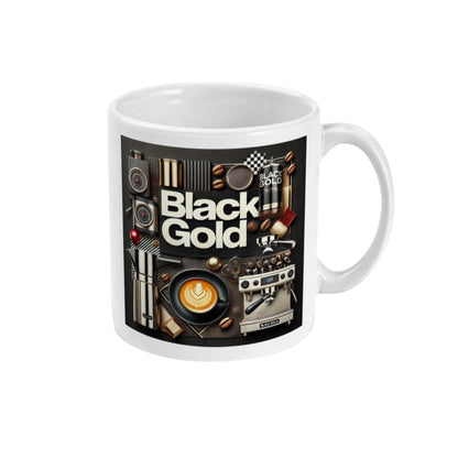 witte keramische mok met luxe koffieontwerp en Black Coffee Gold tekst van de Barista Shop 2