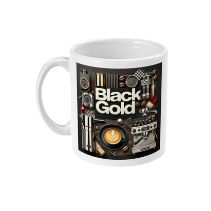 witte keramische mok met luxe koffieontwerp en Black Coffee Gold tekst van de Barista Shop 4