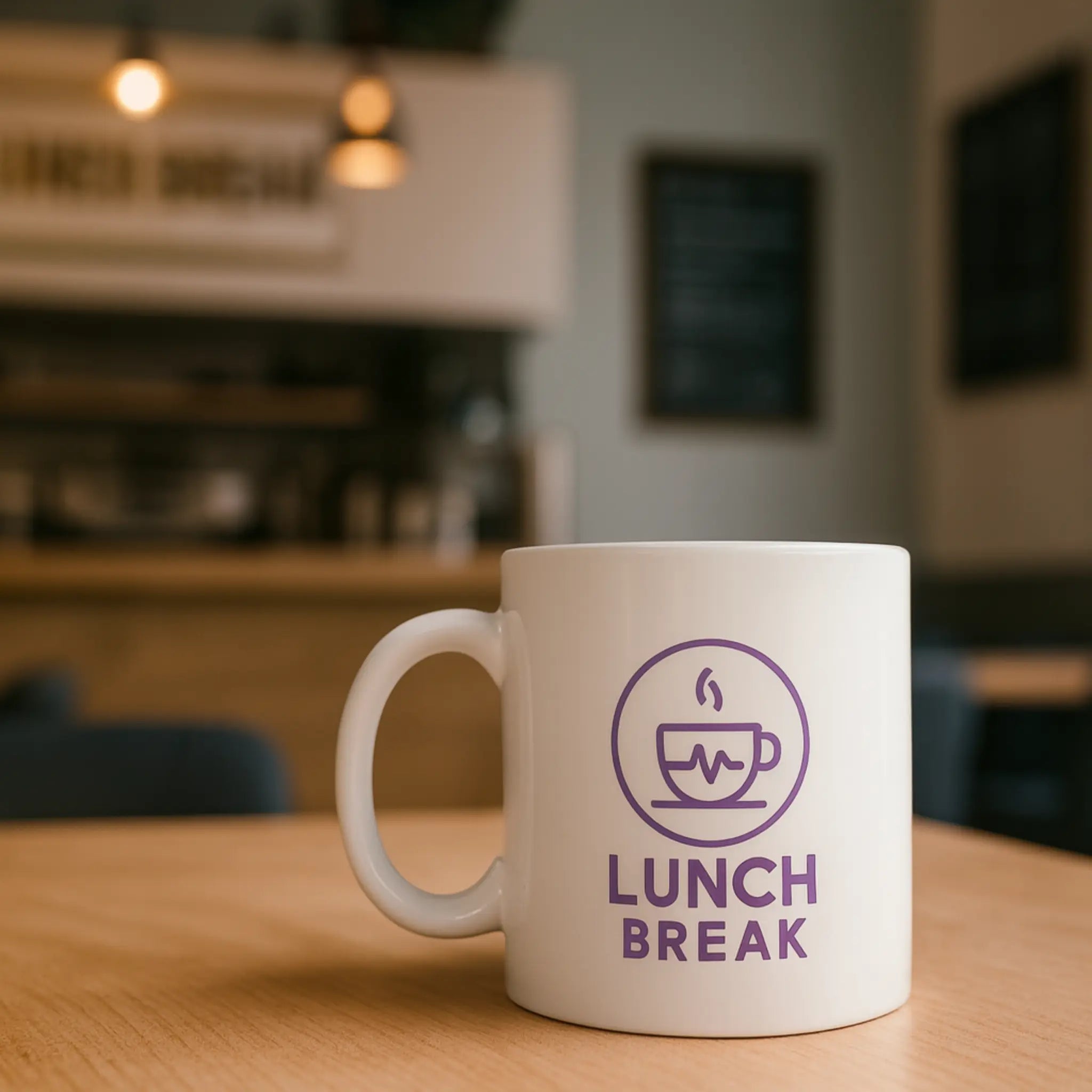Witte koffiemok met paars ‘Lunch Break’ logo op tafel in een moderne lunchzaak