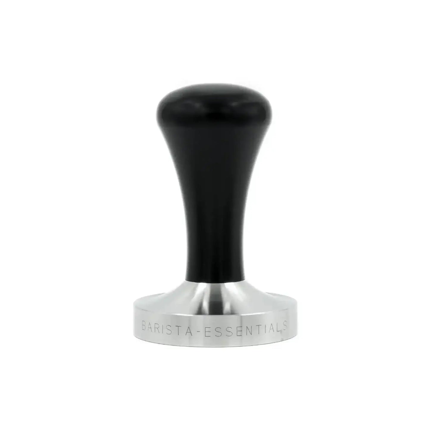 Zwarte espresso tamper 58mm met RVS basis als moderne variant van de klassieke handtamper