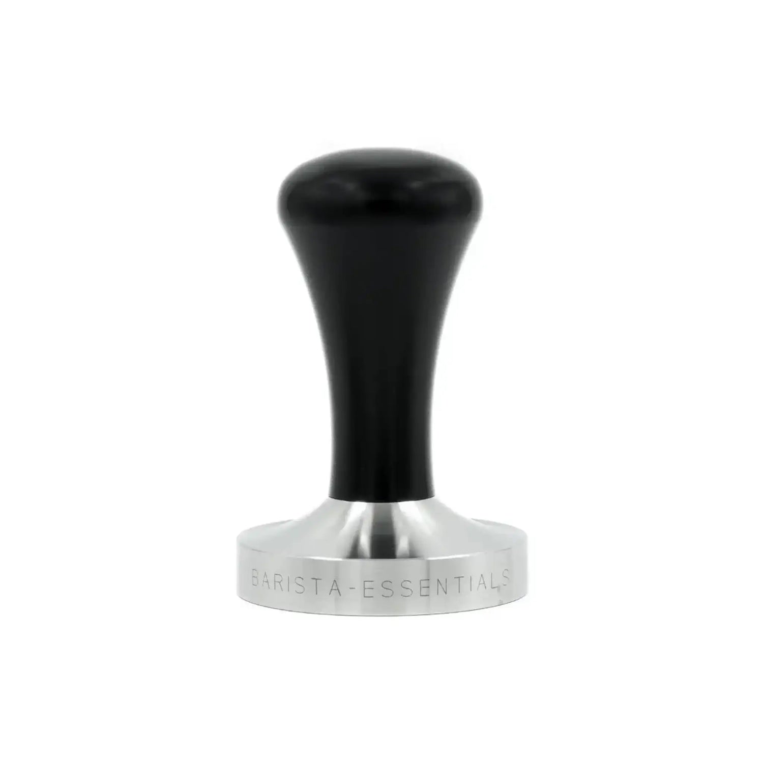 Zwarte espresso tamper 58mm met RVS basis als moderne variant van de klassieke handtamper