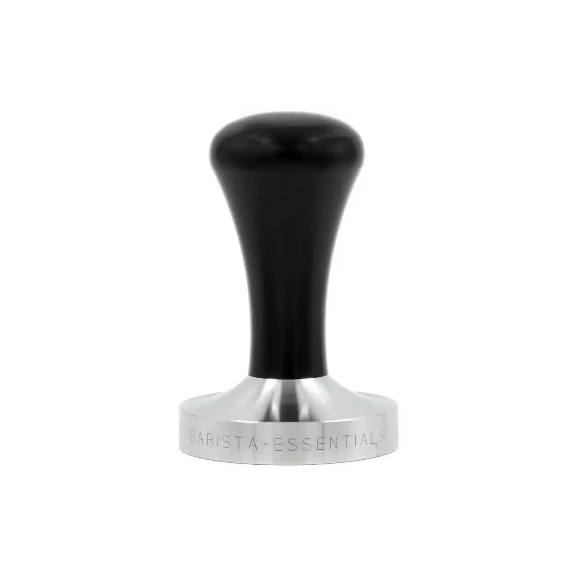 Zwarte espresso tamper 58mm met RVS basis als moderne variant van de klassieke handtamper