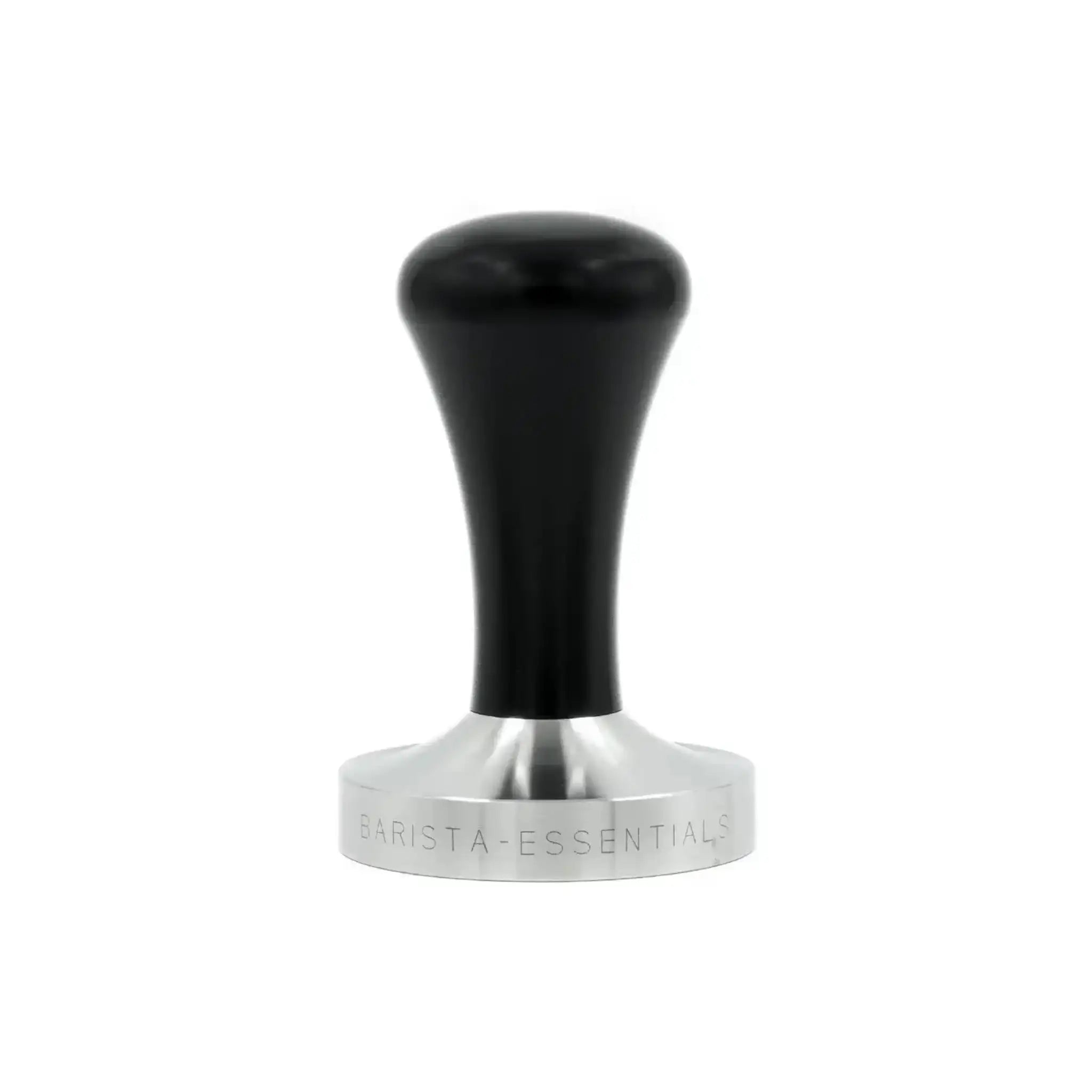 Zwarte espresso tamper 58mm met RVS basis als moderne variant van de klassieke handtamper