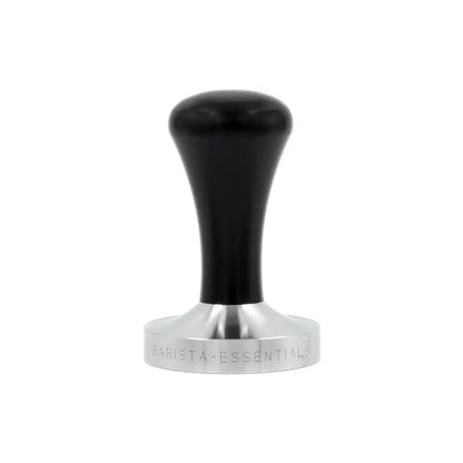 Zwarte espresso tamper 58mm met RVS basis als moderne variant van de klassieke handtamper