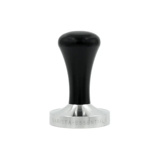 Zwarte espresso tamper 58mm met RVS basis als moderne variant van de klassieke handtamper