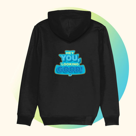 Zwarte Koffie Hoodie met grappige koffie quote Hey You Looking Good. Achteraanzicht.